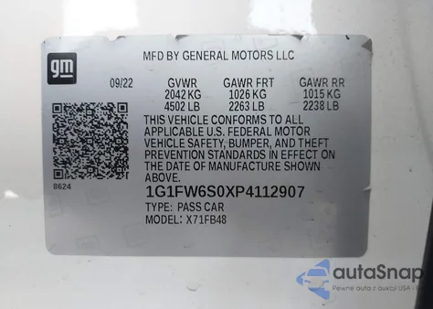 2023 Chevrolet Bolt Ev Fwd 1Lt из США, поврежденный, VIN 1G1FW6S0XP4112907